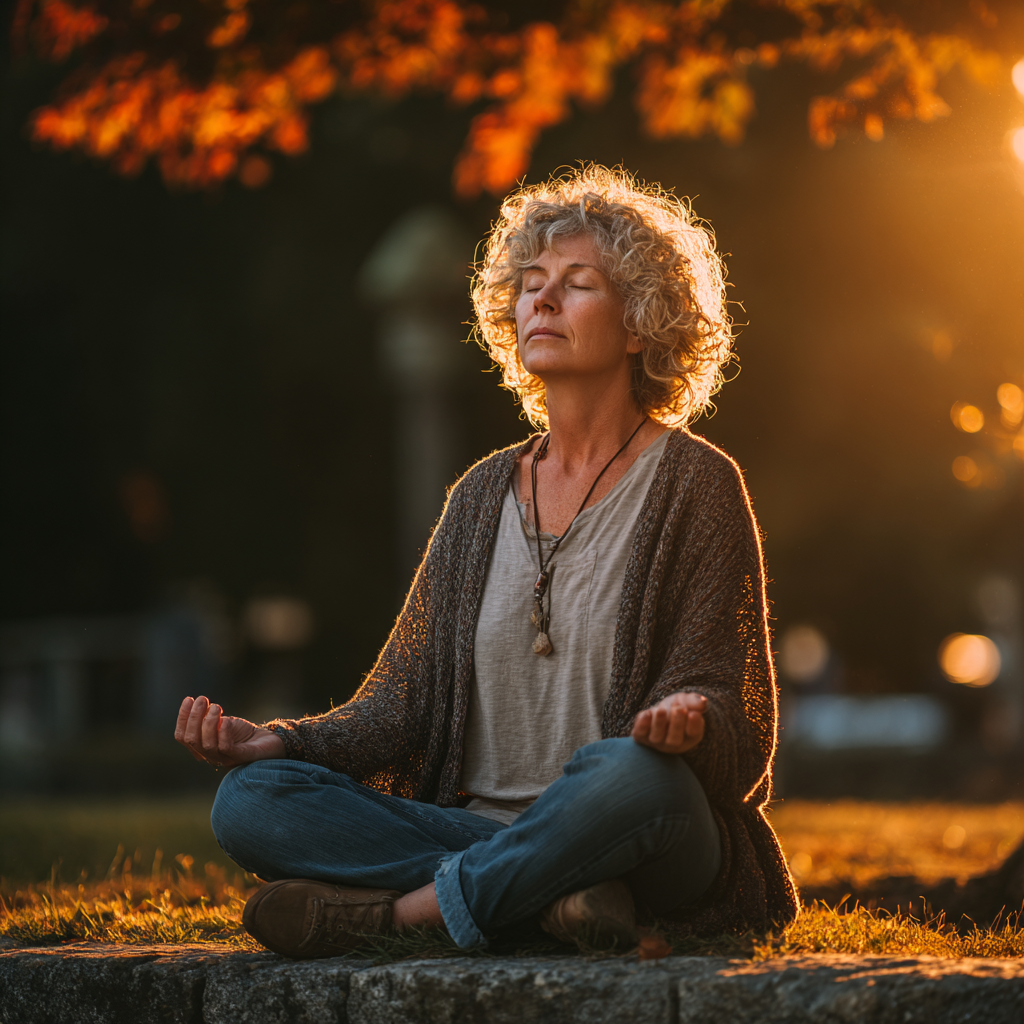 Middle-aged woman practicing meditation in peaceful outdoor setting