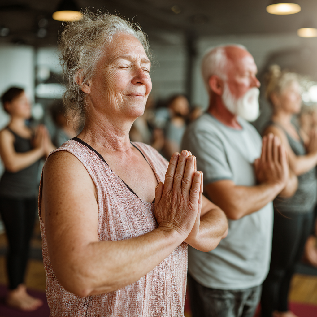Senior adults participating in gentle yoga session in bright studio